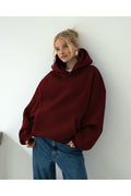 Oversize Kapşonlu Basic Baskısız Okul Sweatshirt - Bordo - 1