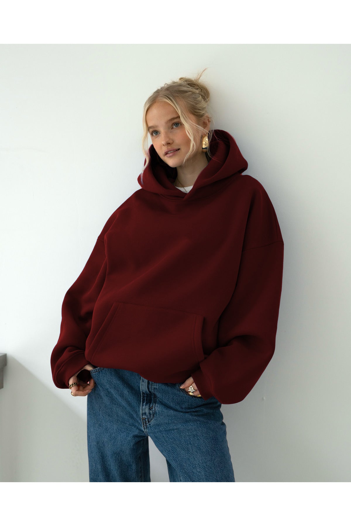 Oversize Kapşonlu Basic Baskısız Okul Sweatshirt - Bordo - 1