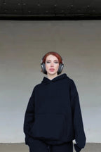 Erkek Baskısız Basiz Düz Kapşonlu Sweatshirt - Lacivert - 2