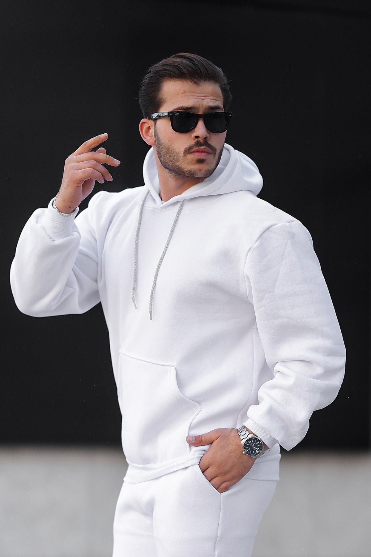 Erkek Bol Kesim Oversize 3 İ̇plik İ̇çi Pamuklu Şardonlu Kanguru Cep Kapşonlu Kışlık Hoodie Sweatshirt - Beyaz - 2