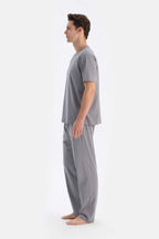 Erkek Kısa Kollu Pijama Takımı Oversize Bisiklet Yaka - Gri - 4