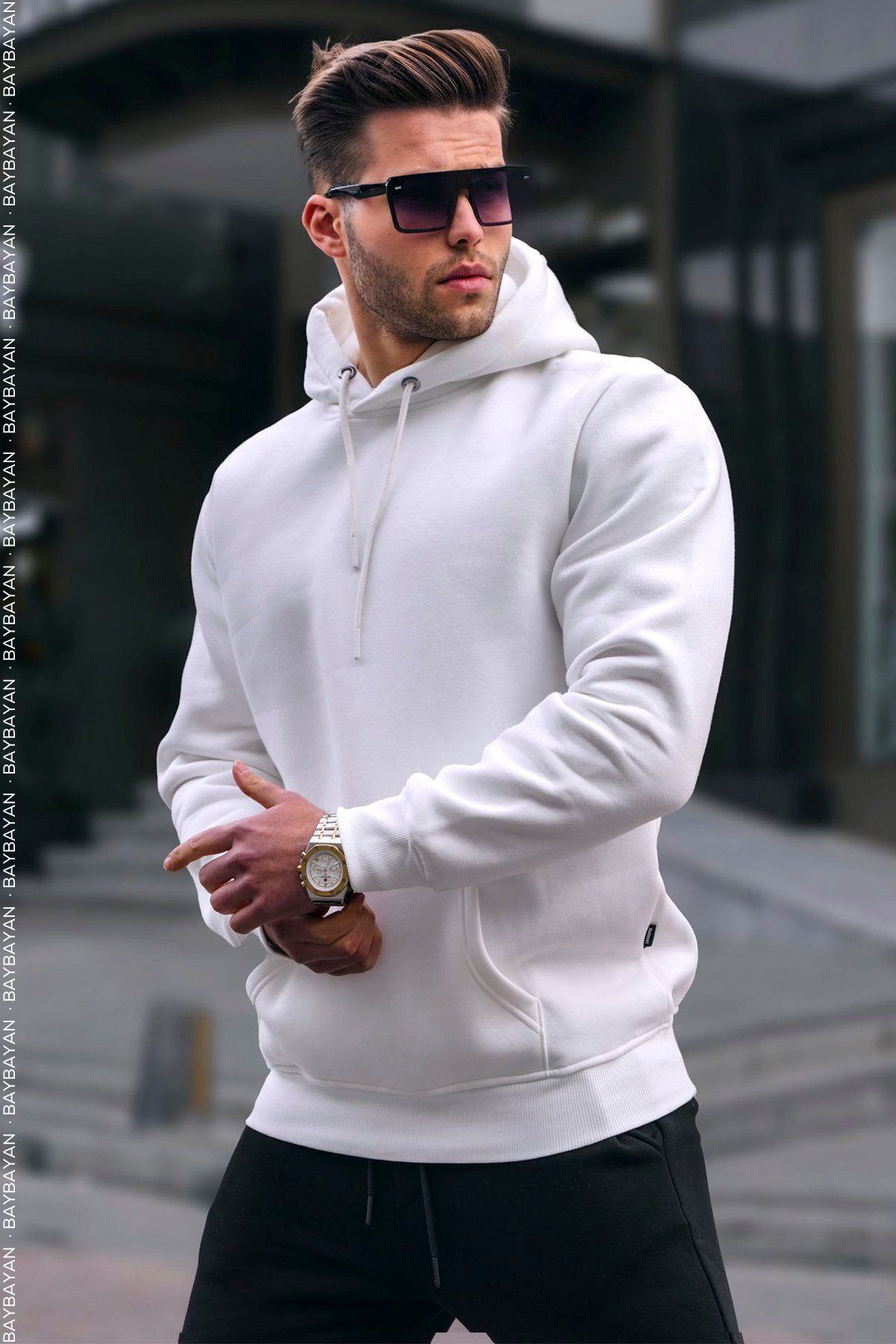 Erkek Siyah Oversize Fit Normal Kesim 3 İ̇plik Pamuklu Kapşonlu Sweatshirt Hoodie - Beyaz - 1