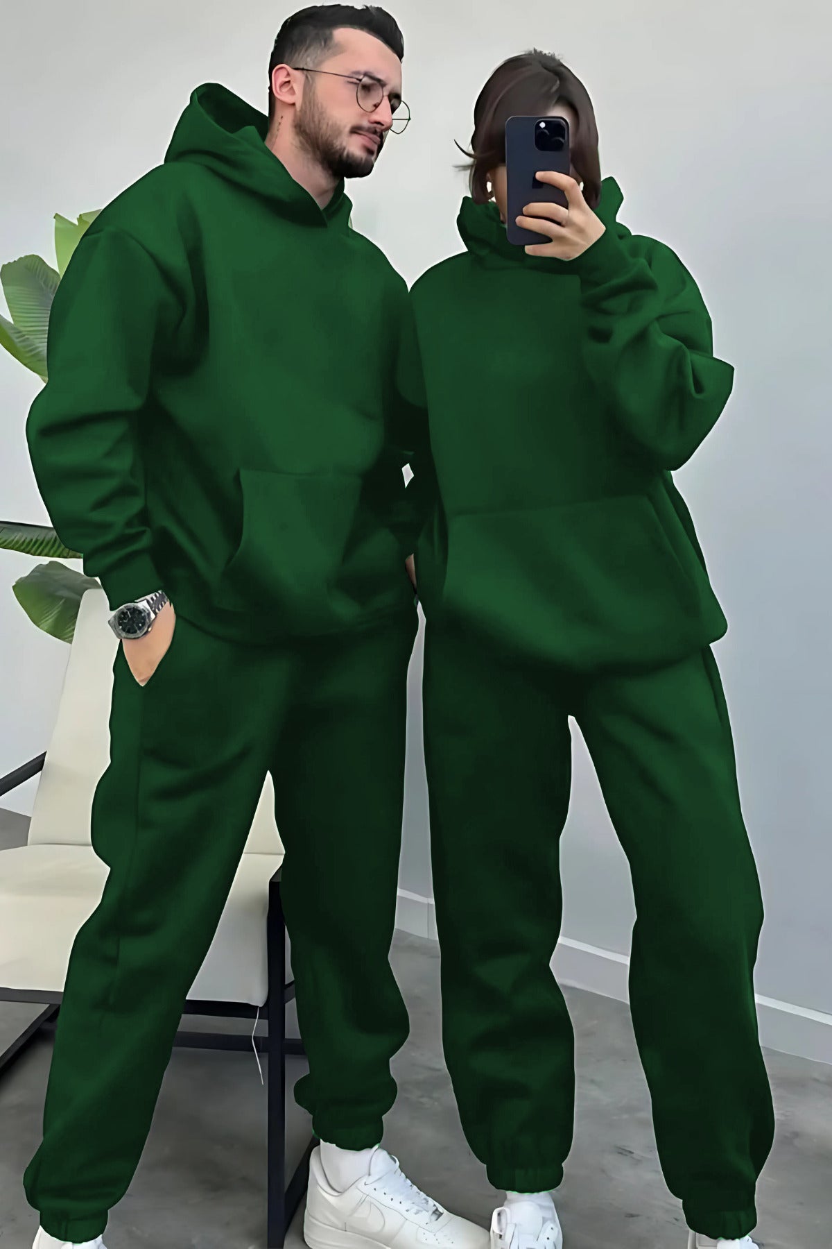 Kadın Erkek Trend Model Çiftlere Özel 3 İplik Oversize Kışlık Kalın Eşofman Takımı (tekli̇) - Koyu Yeşil - 1