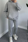 Kadın Oversize Trend Model Kanguru Cep Kapşonlu Sweatshirt Eşofman Takımı - Gri Melanj - 1
