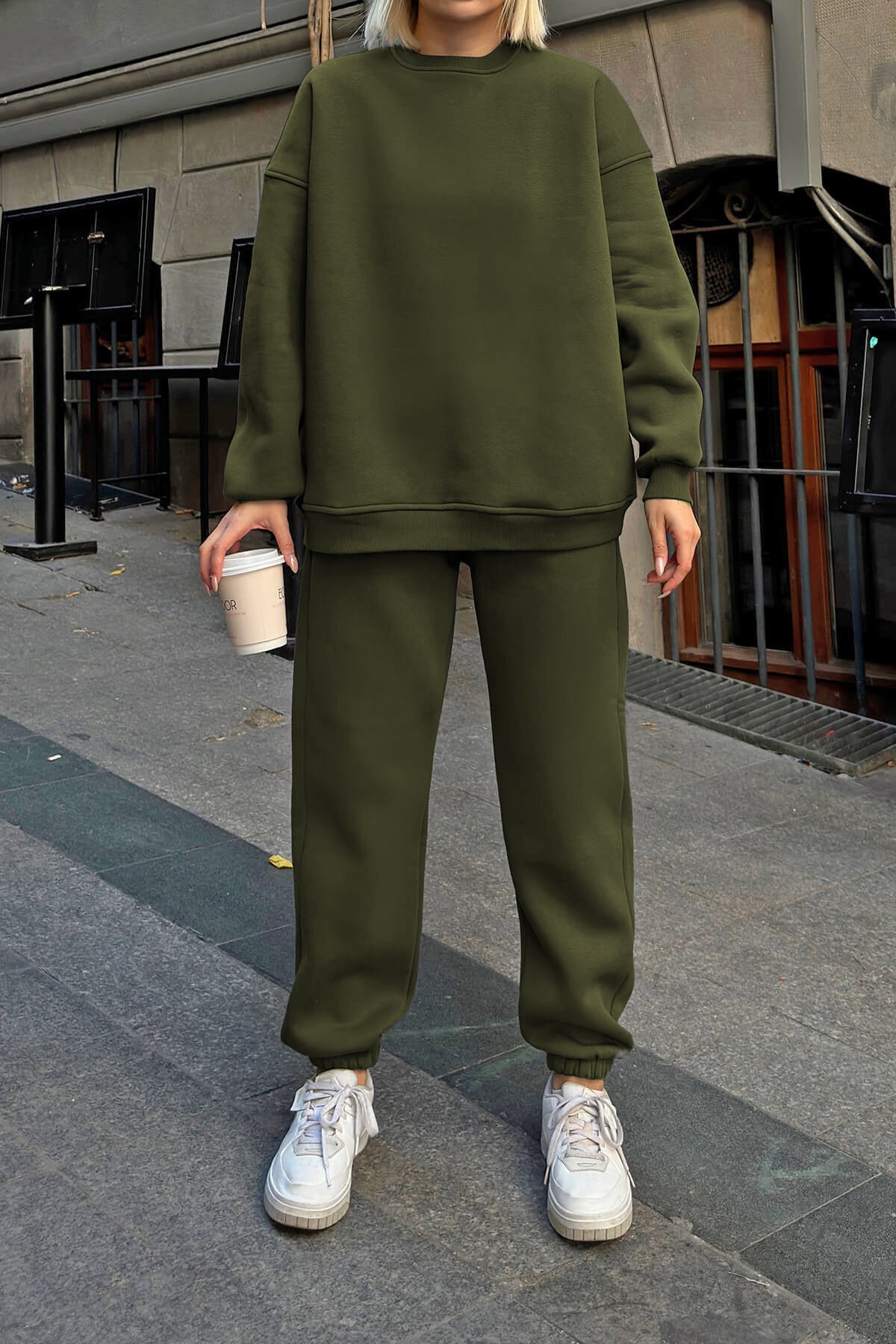 Oversize İçi Tüylü Bisiklet Yaka Eşofman Takımı - Haki - 4