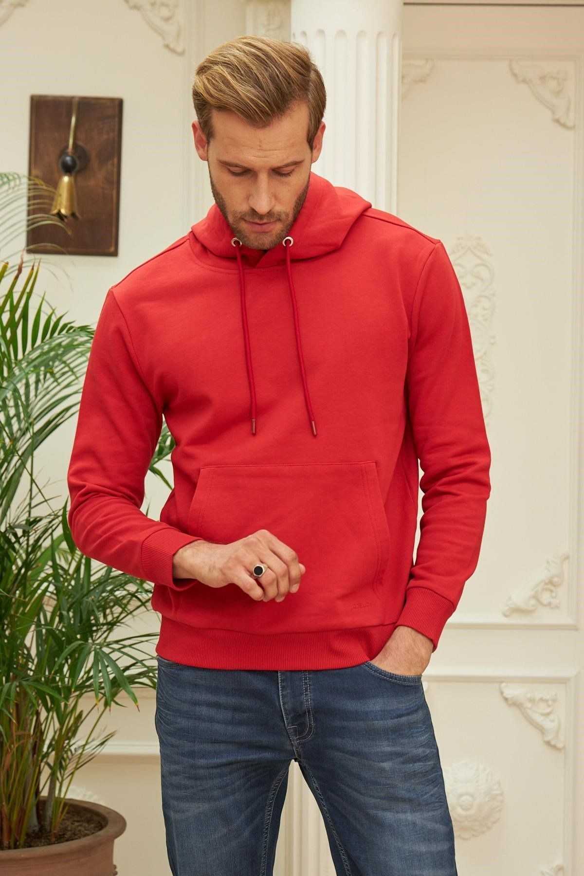 Erkek Kapşonlu Kanguru Cep Basic Sweatshirt - Kırmızı - 2
