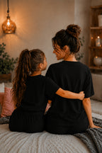 Anne Çocuk Kisa Kollu Oversize Esnek Rahat Beli̇ Bağcikli Modern Kesi̇m Trend Yazlik Günlük Alt Üst Takim - Siyah - 5