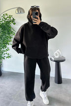 Kadın Oversize Trend Model Kanguru Cep Kapşonlu Sweatshirt Eşofman Takımı - Siyah - 1