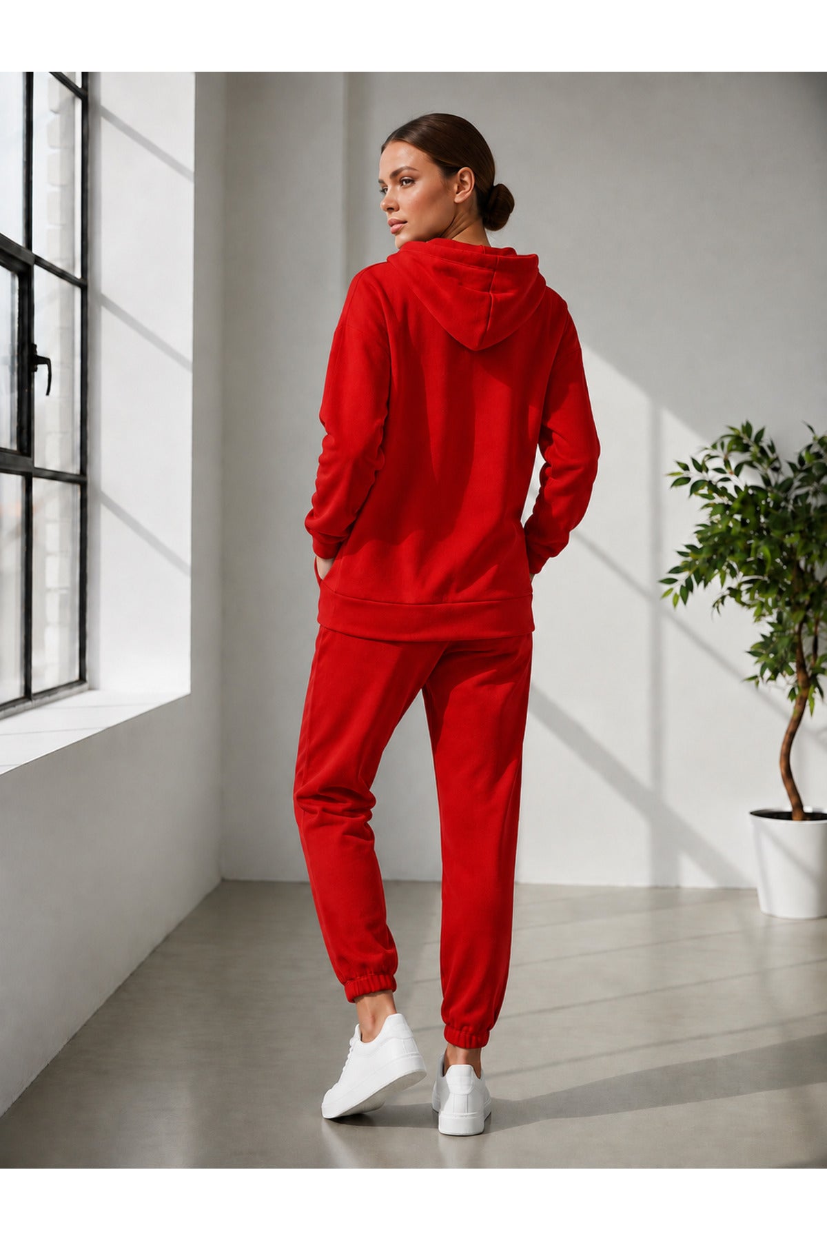 Kadin 3 İ̇pli̇ş Kapüşonlu Fermuarli Sweatshirt Hirka Yüksek Bel Jogger Eşofman Takimi - Kırmızı - 4