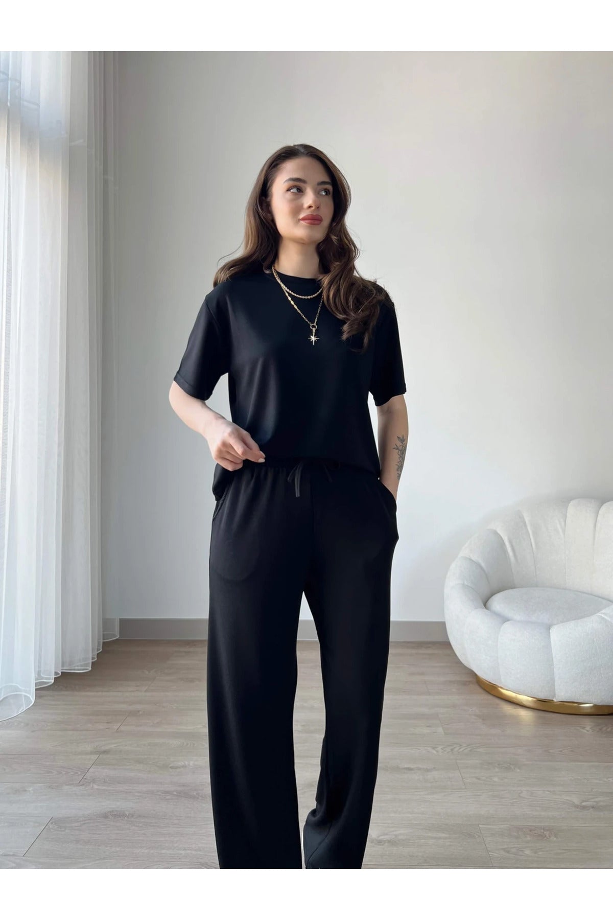 Kadın Modal Penye Full Esnek Süper Yüksek Bel Alt Üst Takım - Siyah - 1