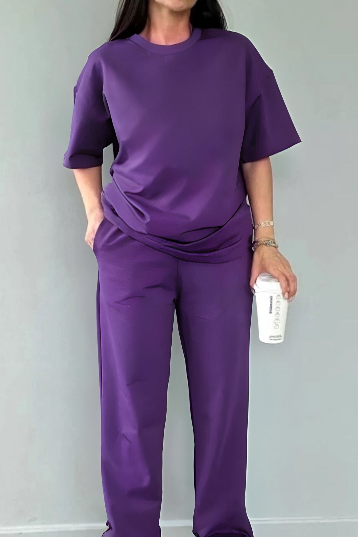 Kadın Mor Rahat Penye Pijama Takımı - MOR - 1
