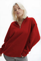 Kadın Yarım Fermuar Dik Yaka Uzun Kollu 3 İ̇plik Sweatshirt - Kırmızı - 2