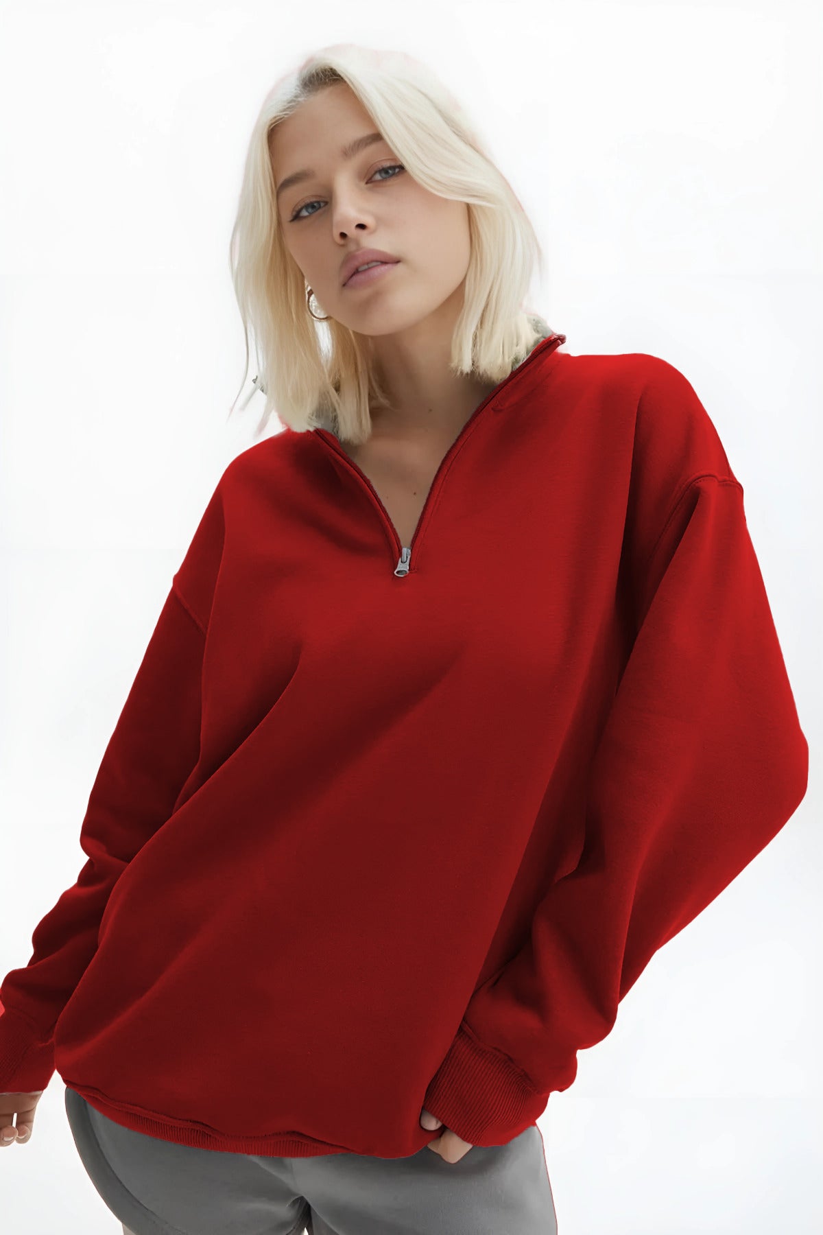 Kadın Yarım Fermuar Dik Yaka Uzun Kollu 3 İ̇plik Sweatshirt - Kırmızı - 2