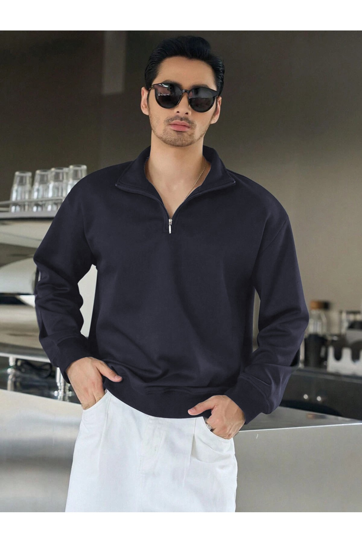 Erkek Oversize Kışlık Polarlı Yarım Fermuarlı Dik Yaka Düz Kazak - Füme - 3