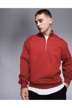 Erkek Yarım Fermuarlı Basic Oversize Dik Yaka Sweatshirt Kazak - Kırmızı - 1