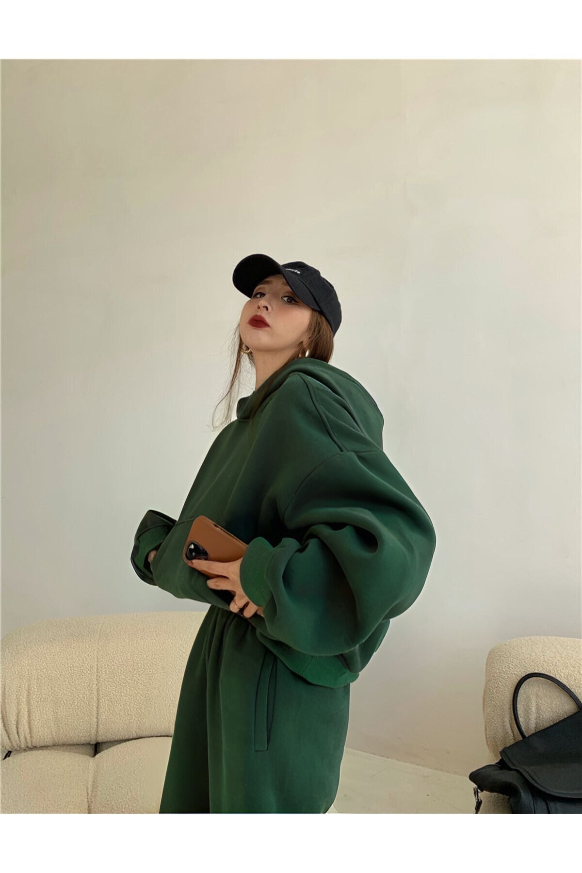 Kadin Oversi̇ze İ̇çi̇ Pamuklu Paçasi Lasti̇kli̇ Eşfoman Takimi - DARK GREEN - 2