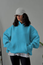 Kadın Kapşonlu Kalın Kanguru Cepli Sweatshirt - Bebe Mavisi - 3