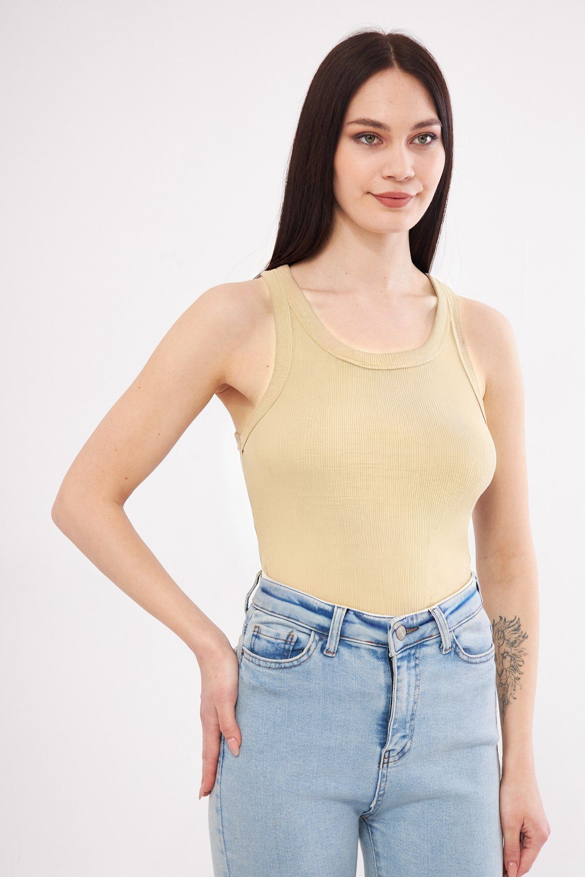 Kadın Bej Fitilli Basic Örme Askılı Trend Spor Atlet - Bej - 1