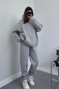 Kadın Oversize Trend Model Kanguru Cep Kapşonlu Sweatshirt Eşofman Takımı - Soft Gri - 1
