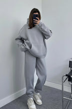 Kadın Oversize Trend Model Kanguru Cep Kapşonlu Sweatshirt Eşofman Takımı - Soft Gri - 1