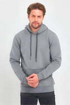 Erkek Kapşonlu Kanguru Cepli̇ 3 İ̇pli̇k Kalin Sweatshi̇rt - Gri - 2