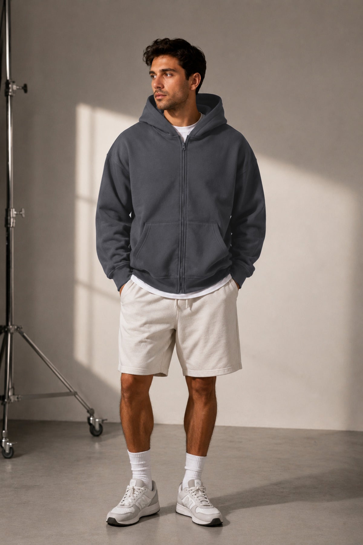 Erkek Mevsimlik Kapşonlu Basic Oversize Hırka - Füme - 3