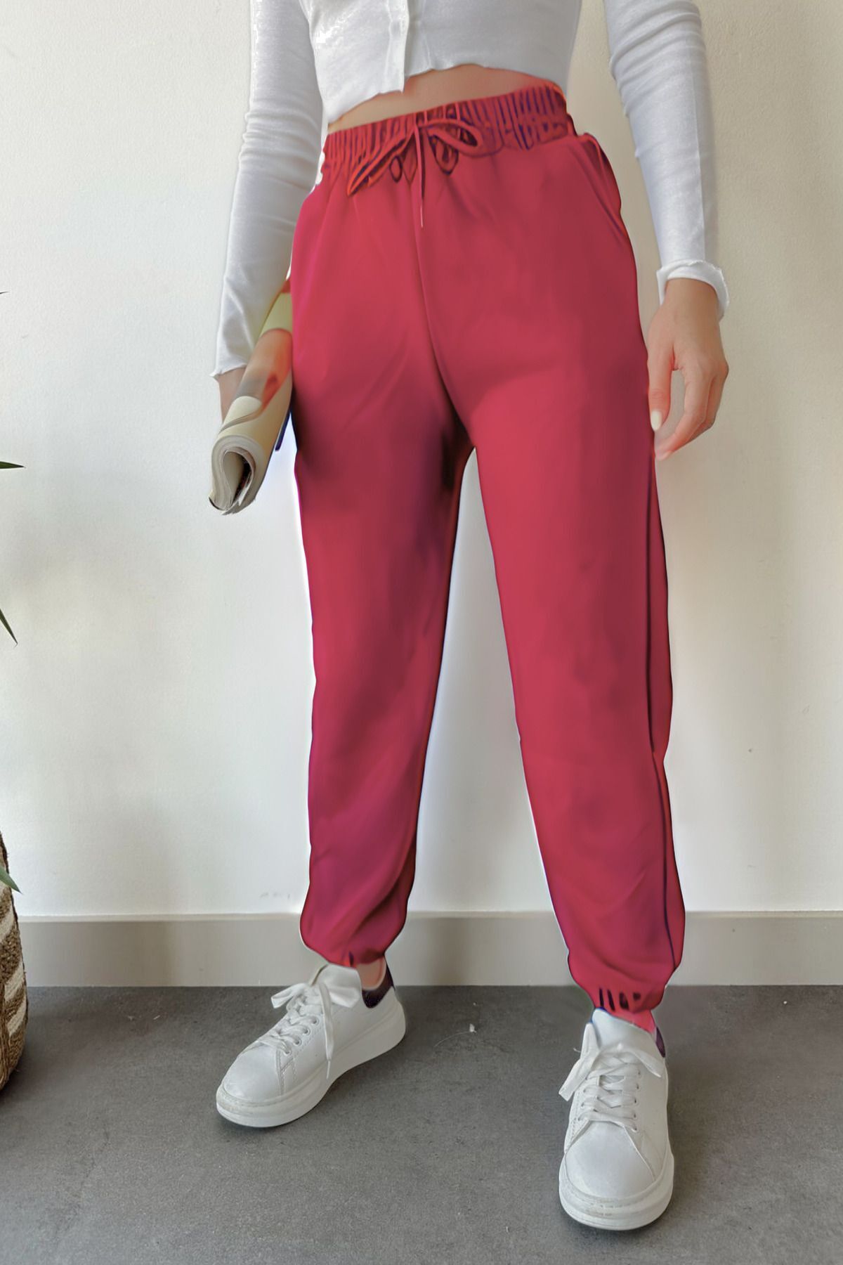 Kadın Mürdüm Yüksek Bel Jogger Eşofman Altı Puf 3 İ̇plik Lastikli Bel - MÜRDÜM - 1