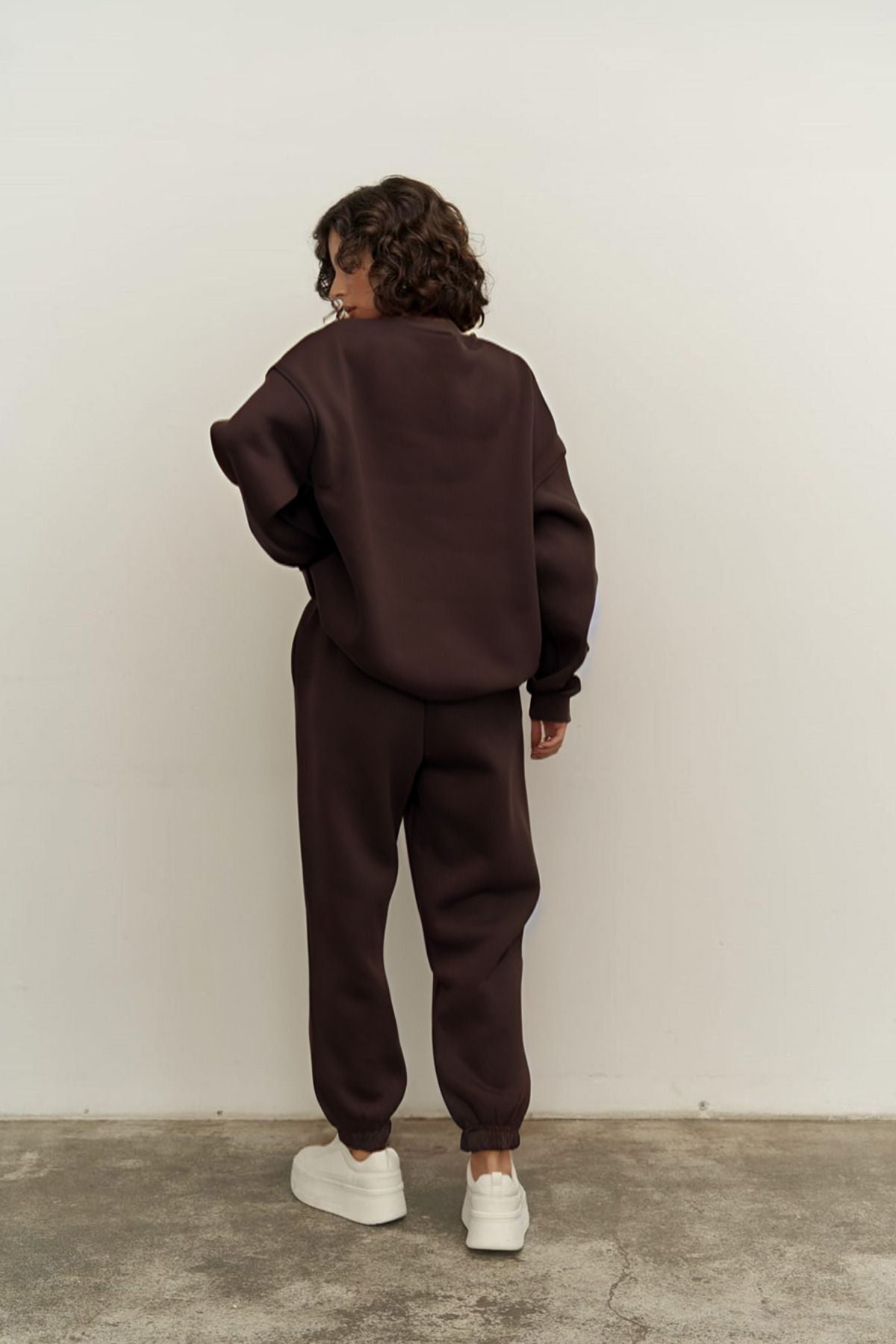 Kadın Oversize Rahat Kalıp Bisiklet Yaka Eşofman Takıım - Kahverengi - 6