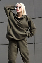Kadın 3iplik Bol Kalıp Hoodie Sweatshirt - Haki - 2