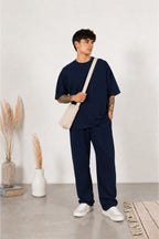 Erkek Yeni Sezon Oversize Premium Tişört Pantolon Kombin - Lacivert - 1
