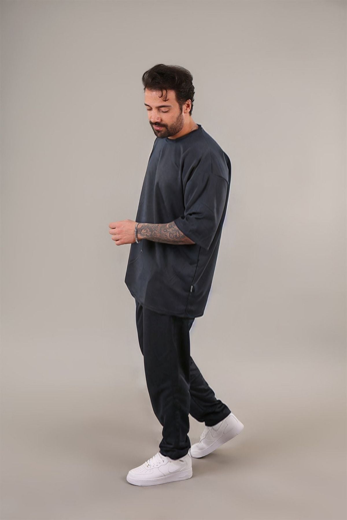 Erkek Kısa Kollu Pijama Takımı Bisiklet Yaka Reşme Salaş - Füme - 3