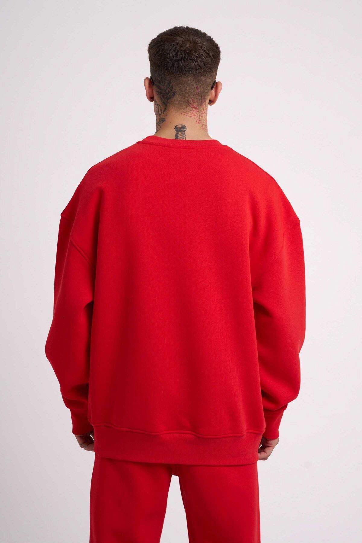 Erkek 3 İ̇plik Kalın Bisiklet Yaka Sweatshirt - Kırmızı - 2