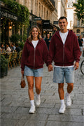 Unisex Kapüşonlu Oversize Full Fermuarli Rahat Kesi̇m Mevsi̇mli̇k Yeni̇ Sezon Günlük Hirka - Bordo - 1