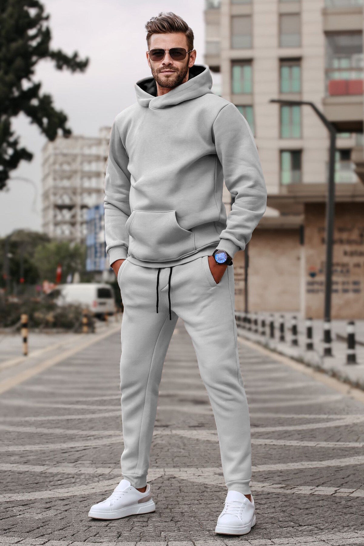 Erkek 3 İplik Şardonlu Kapşonlu Basic Eşofman Takımı Ysr - Gray - 1