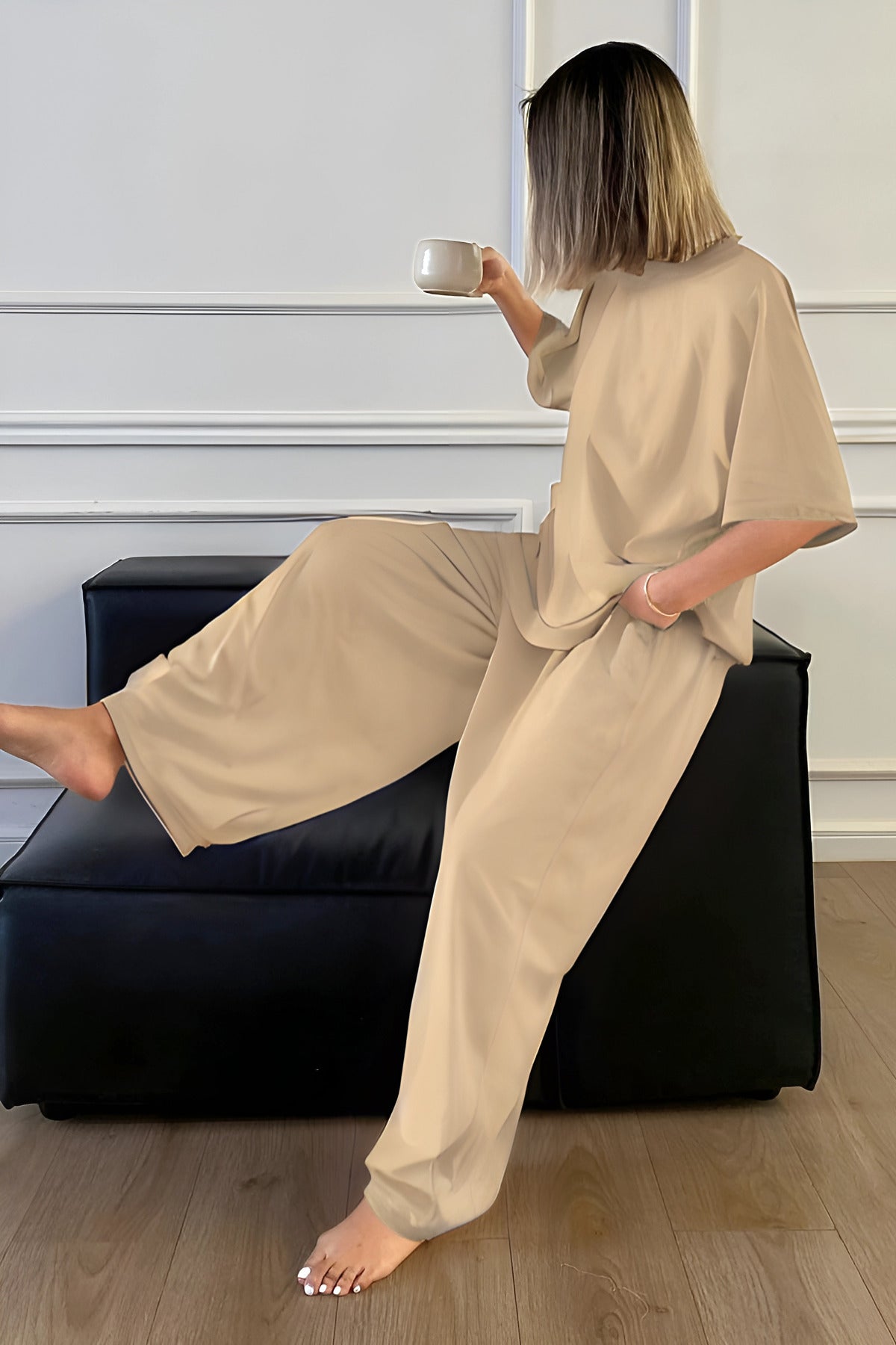 Kadın Bisiklet Yaka Yazlık Kısa Kollu Pijama Takımı - Bej - 2