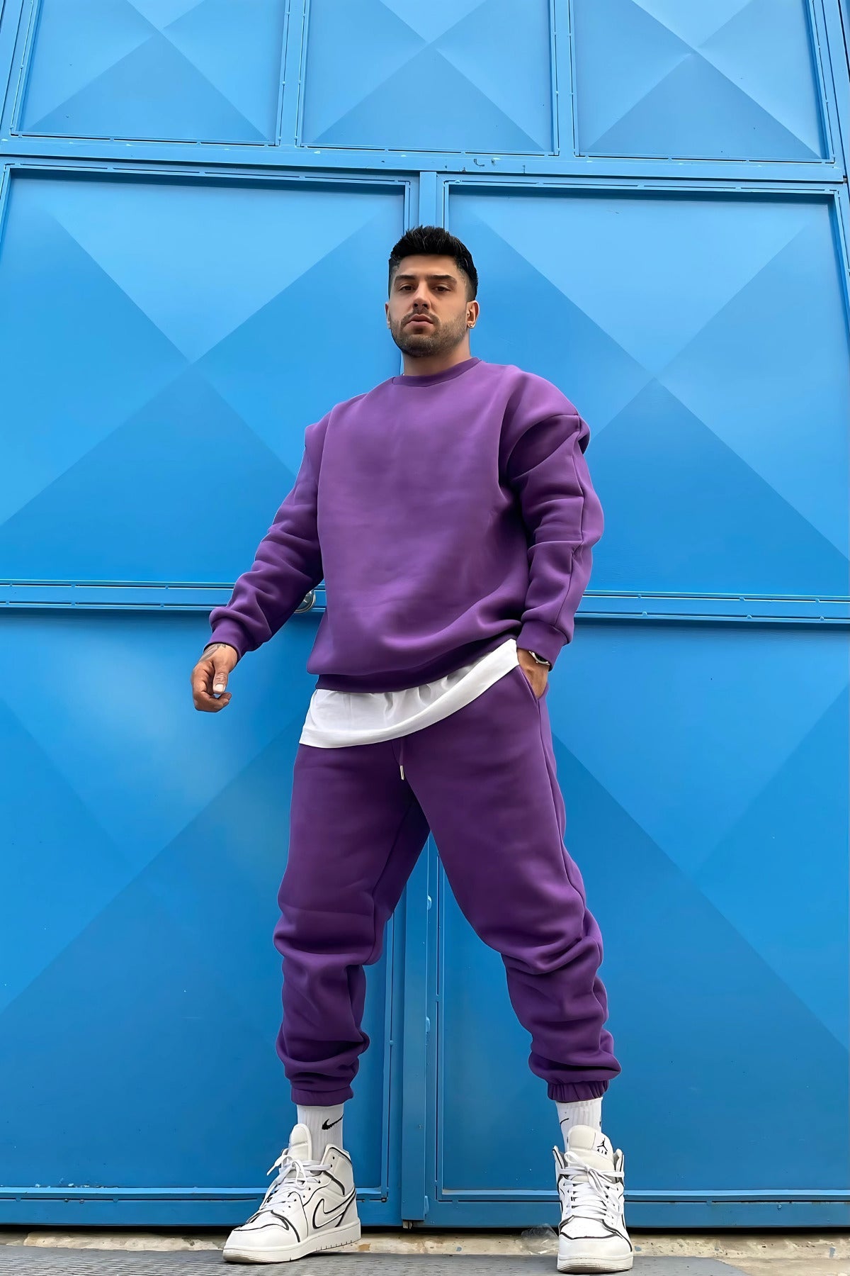 Oversize Pamuklu Kalın Bisikletyaka Eşofman Takımı - Mürdüm Melanj - 3