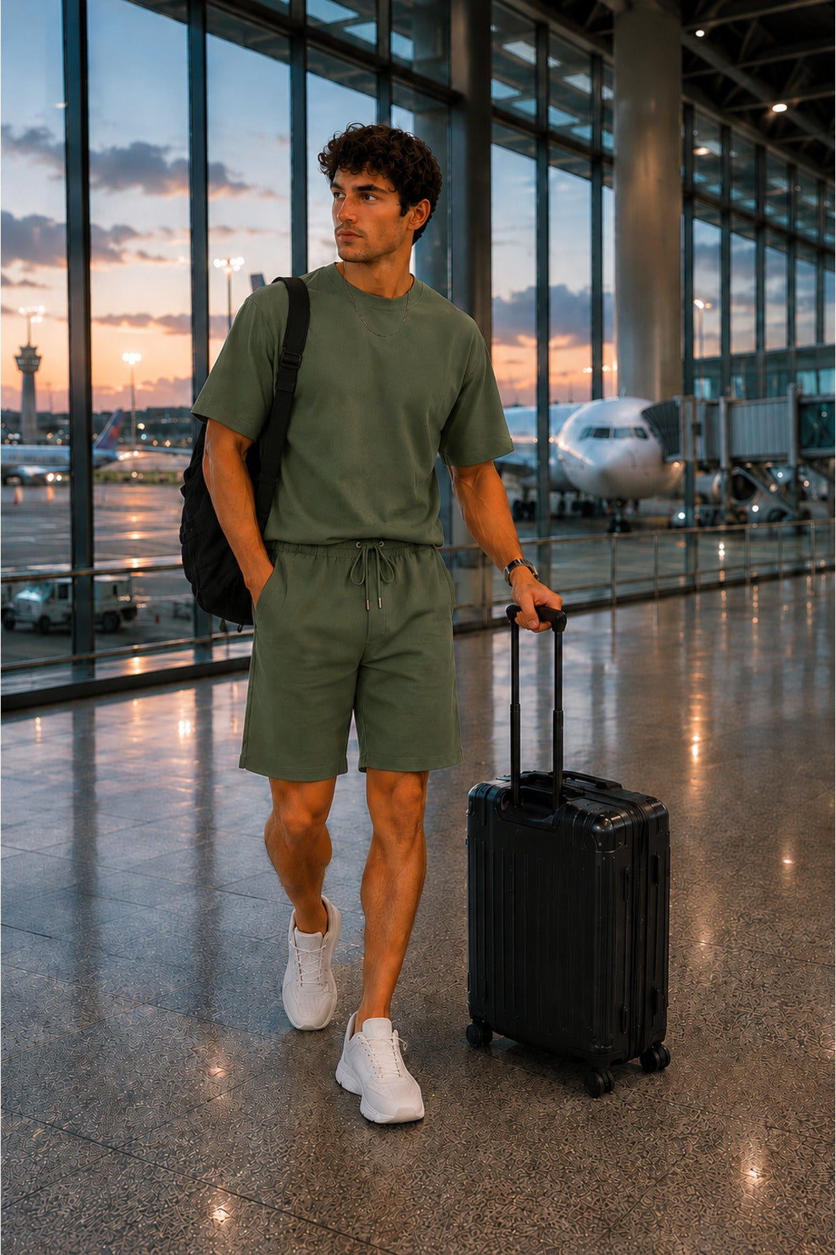 Erkek Kisa Kollu Oversize Yazlik Modern Rahat Kesi̇m Beli̇ Bağlamali Yeni̇ Sezon T-shirt Şort Seyahat Yolculuk Gi̇y-çik Trend Takimi - Yeşil - 1