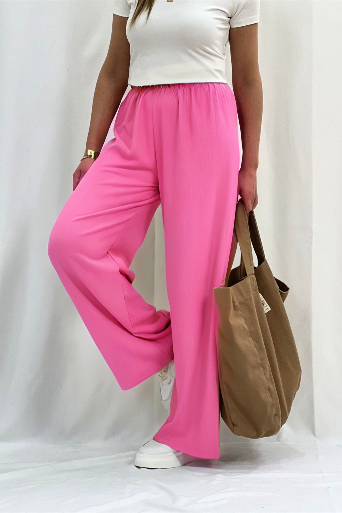Kadın Beli Lastikli Yazlık Bürümcük Palazzo Pantolon - Pembe - 1