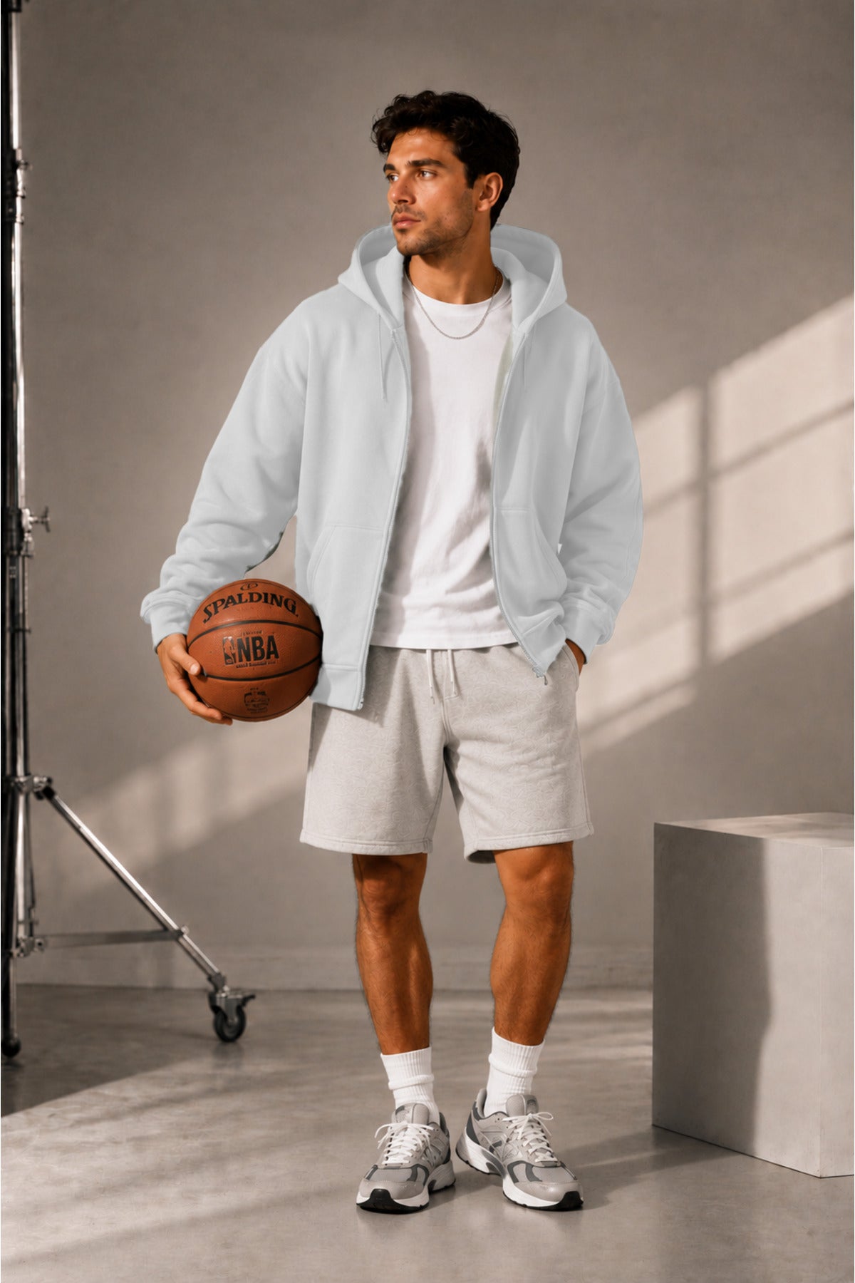 Erkek Mevsimlik Kapşonlu Basic Oversize Hırka - Beyaz - 1