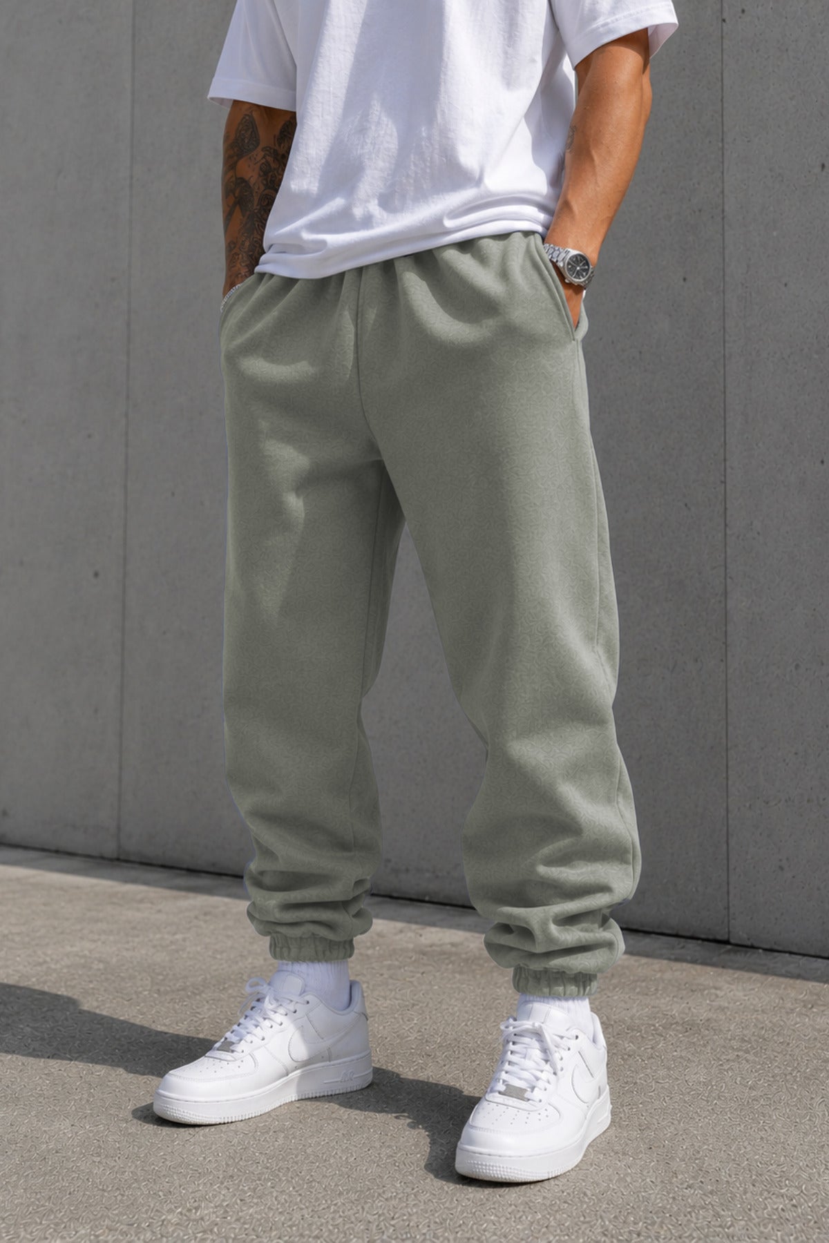 Erkek Paçası Lastikli Basic Jogger Eşofman Altı - Yeşil Gri - 1