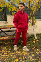 Ob Comfort Kapşonlu Kanguru Cep Oversize Lastik Paça Bordo Eşofman Takımı - Bordo - 4