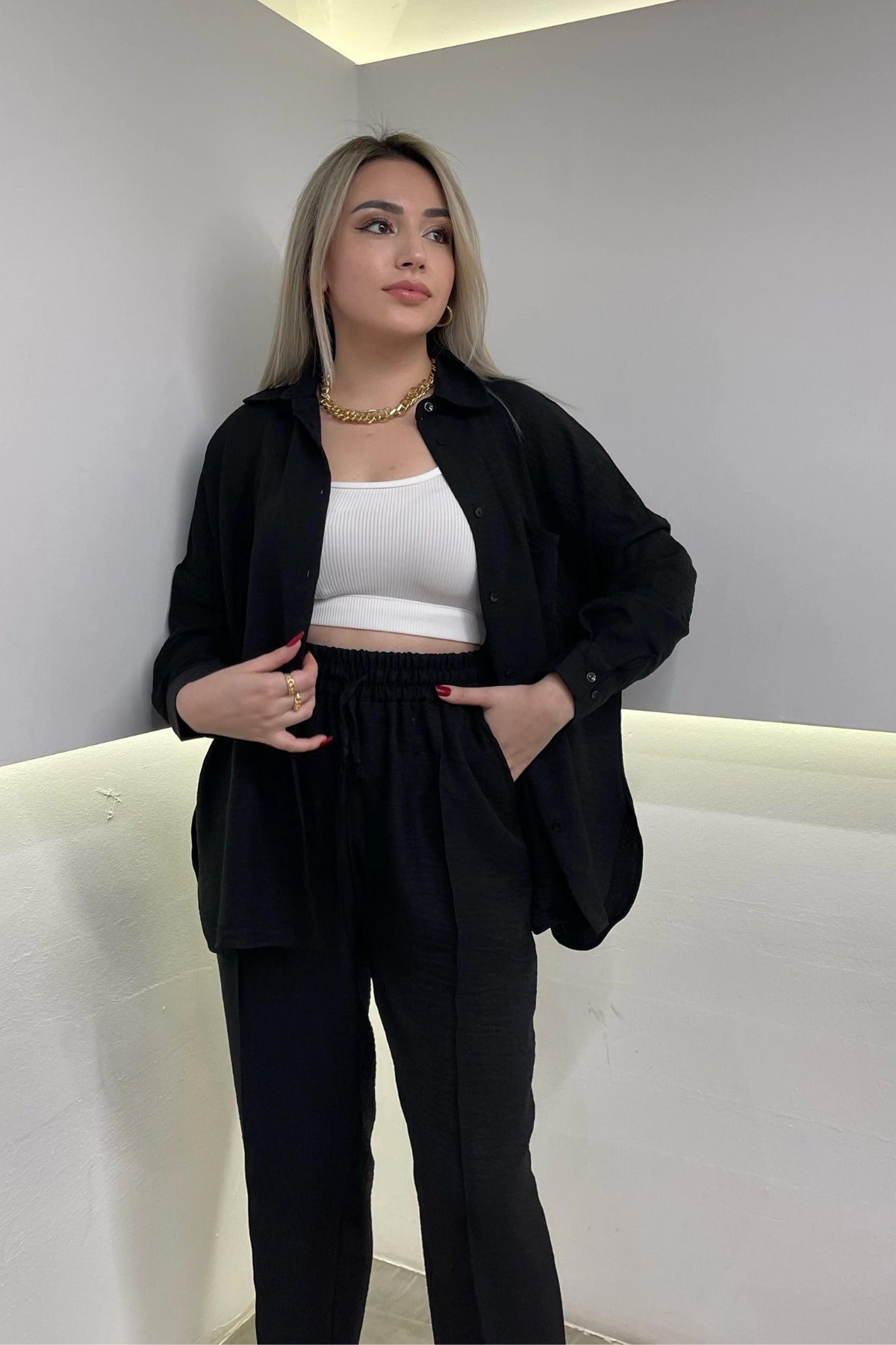Kadın Siyah Dökümlü Bürümcük Yazlık Kimono Takım - Siyah - 2