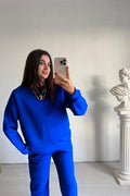 Kadın 3 İ̇plik Oversize Bisiklet Yaka Eşofman Takımı - Saks Mavisi - 1