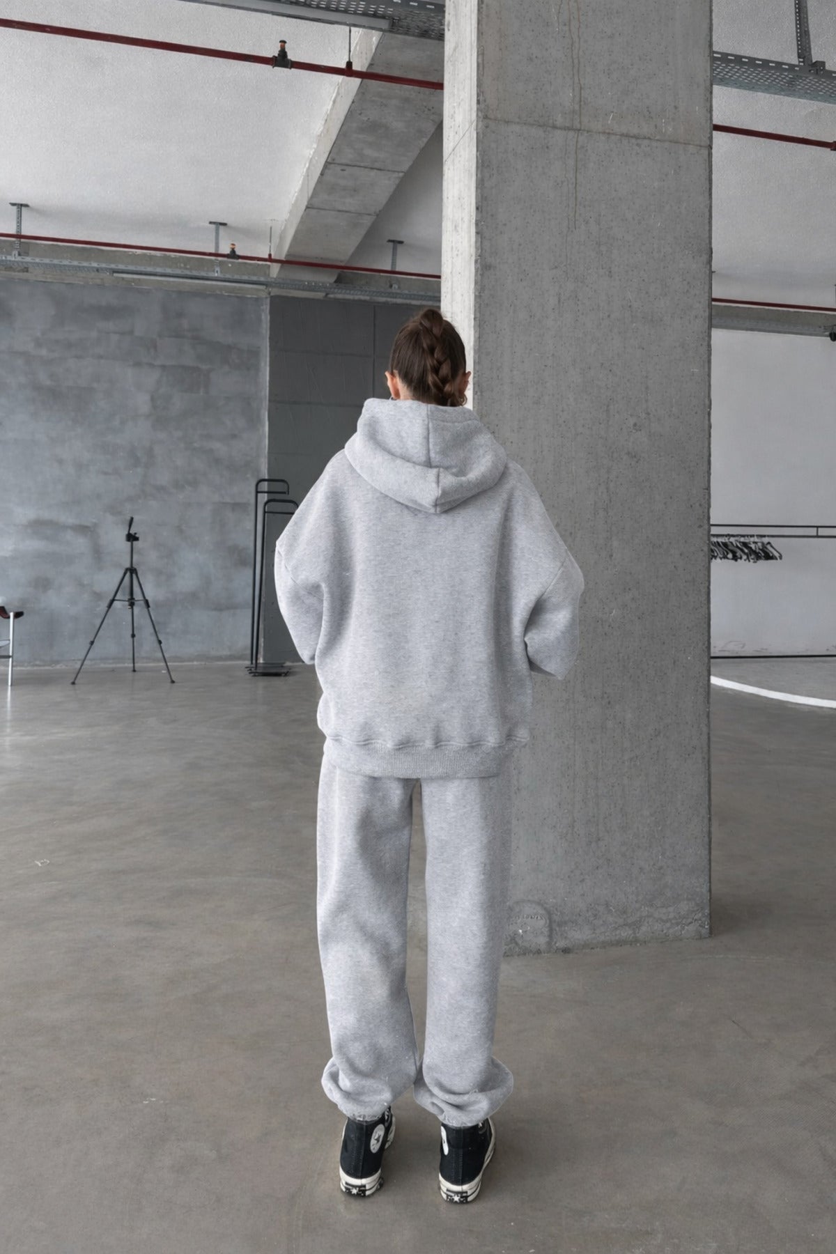 Kadin 3 İ̇pli̇k Oversi̇ze Fermuarli Sweatshi̇rt Hirka Eşofman Takimi - Gri Melanj - 2
