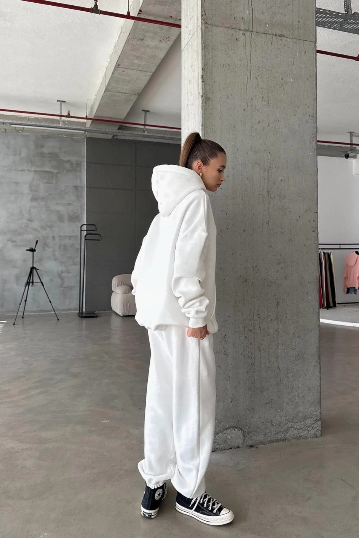 Kadın Paçası Lastikli Jogger Oversize Kışlık Eşofman Takımı - Beyaz - 3