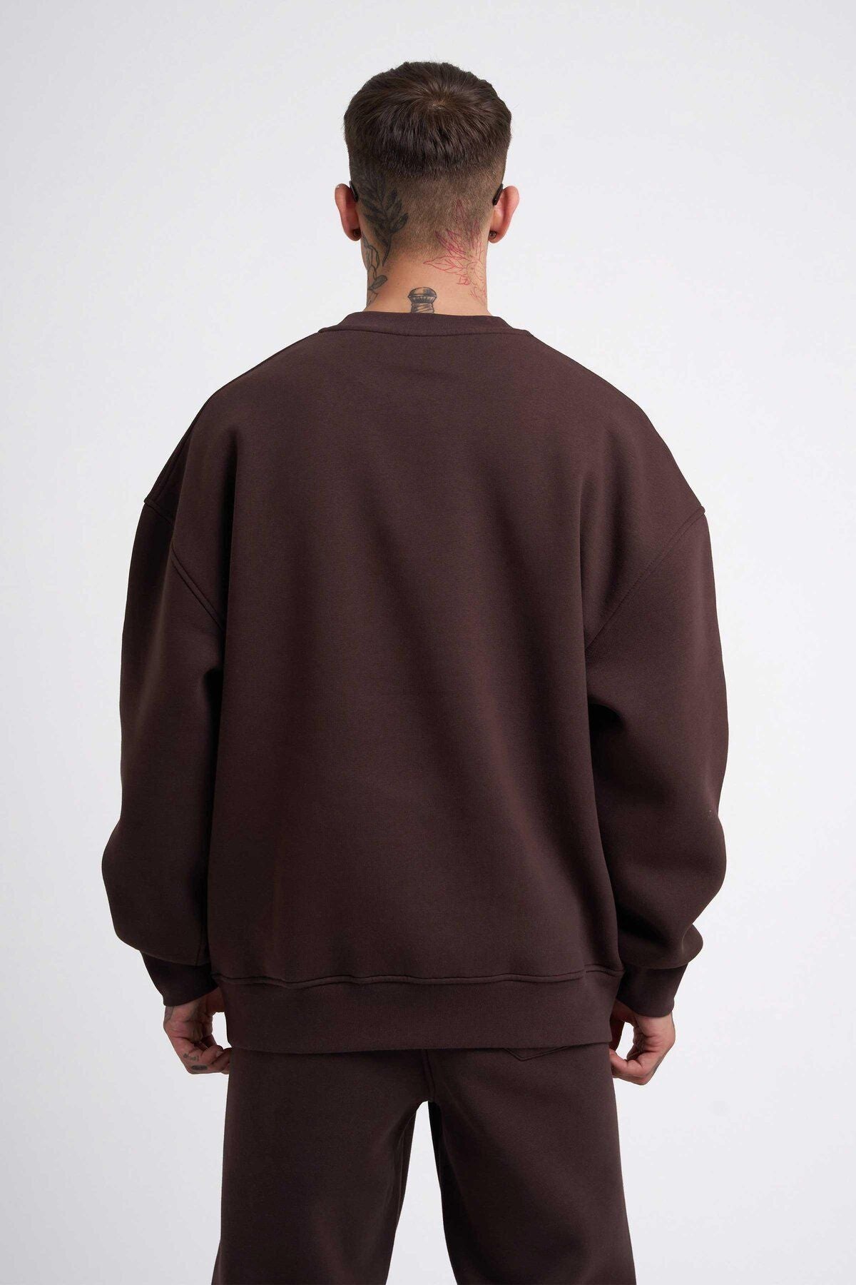Erkek 3 İ̇plik Kalın Bisiklet Yaka Sweatshirt - KAHVE - 2