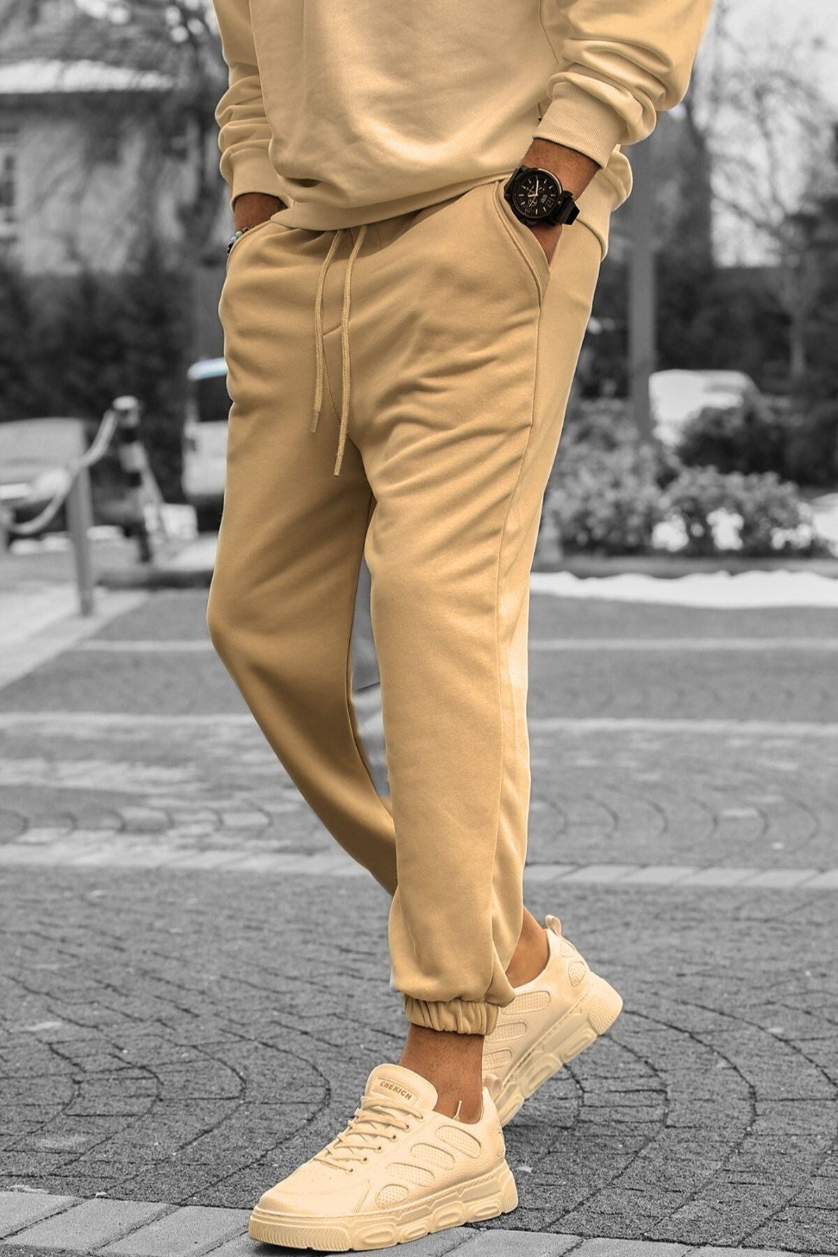 Erkek Jogger Şardonlu Beli Lastikli Cepli 3 İ̇plik Eşofman Altı - Vizon - 2