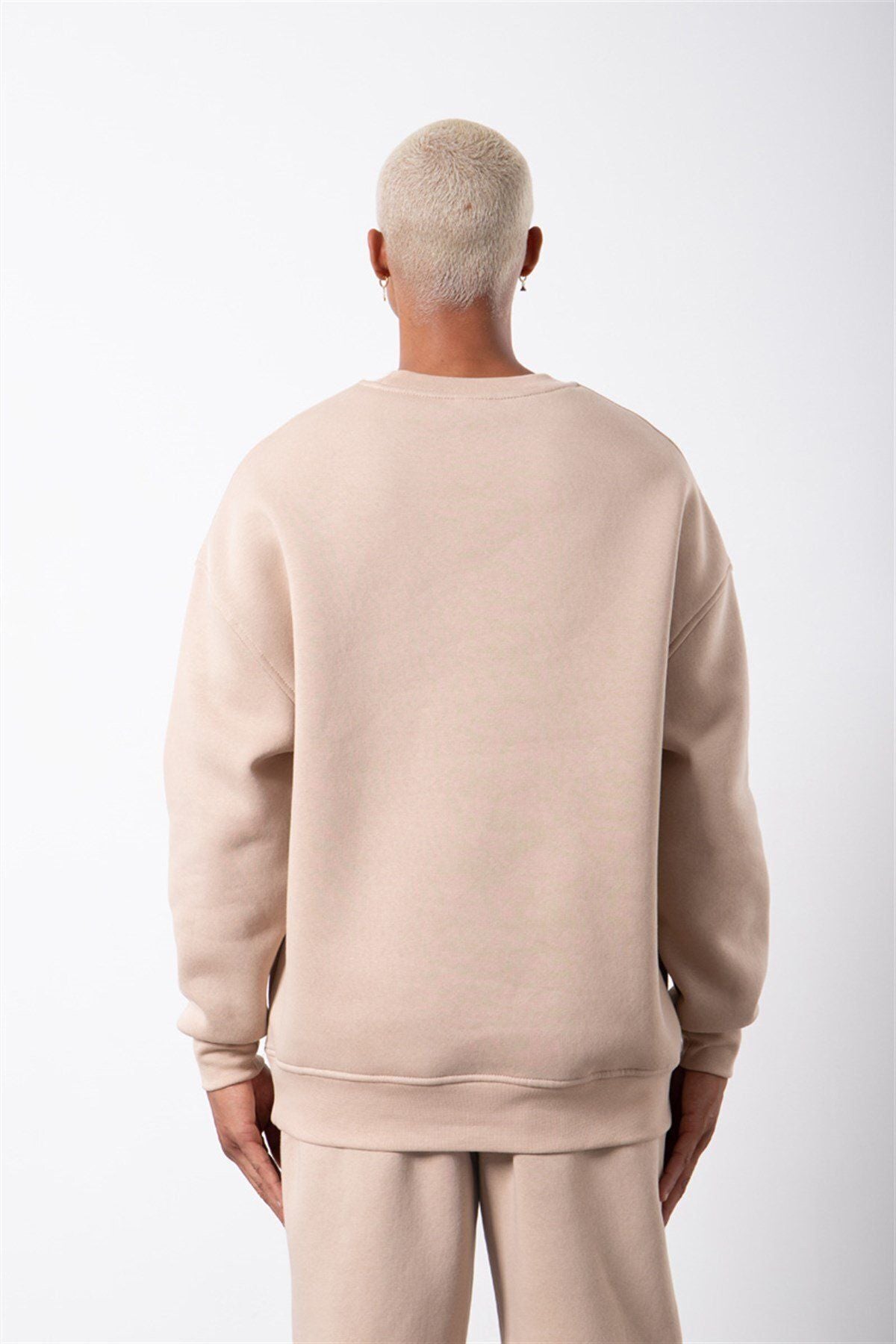 Erkek Bisiklet Yaka Oversize Sweatshirt - Bej - 4