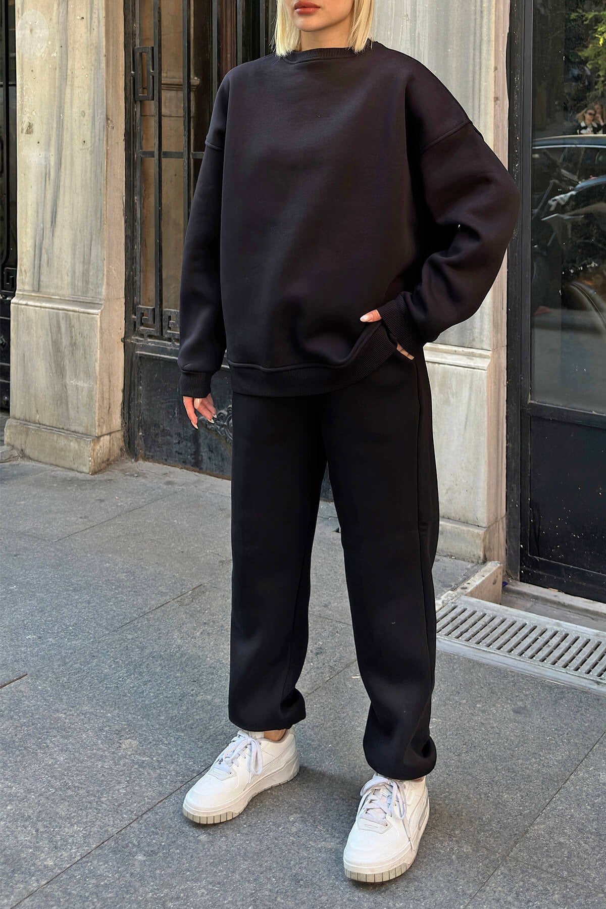 Kadın Oversize Puf Geniş Kalıp Basic Pamuklu Mevsimlik Rahat Eşofman Takımı - Siyah - 3