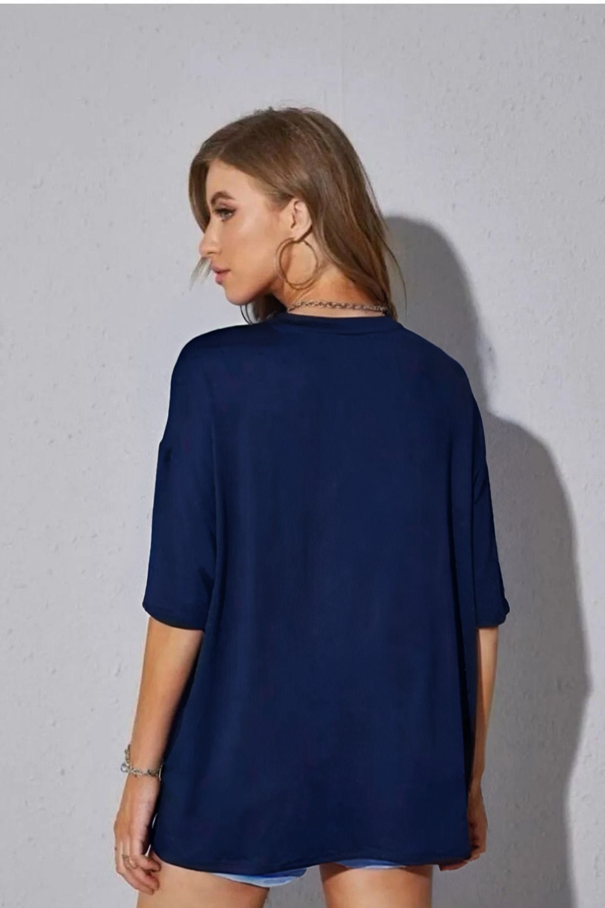 Kadın Lacivert Batik Oversize Dökümlü Tok Kumaş Tişört Reşmeli - Lacivert - 2